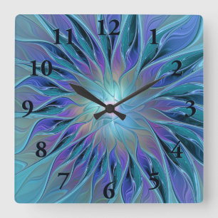 Horloge Carrée Blue Purple Flower Dream Abstrait Fractal Art