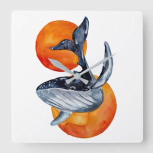 Horloge Carrée Blue Whale and Golden Balls