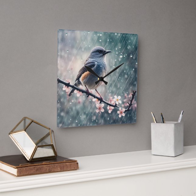 Horloge Carrée Bluebird Dans Une Fenêtre Pluvieuse (Bureau)