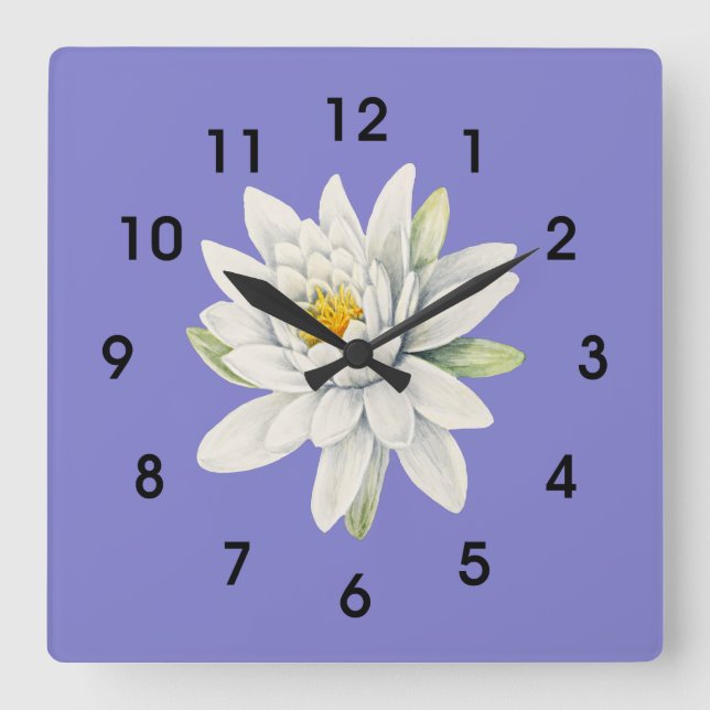 Horloge Carrée Bluebonnet Bluish-Purple, nénuphar blanc, (Recto)