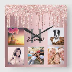 Horloge Carrée Blush pink glitter drips photo collage family name