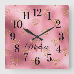 Horloge Carrée Blush rose pailleté et scintillant Monogramme Nom 