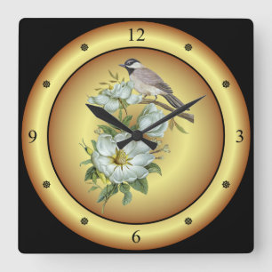 Horloge Carrée Boeuf noir cerné ~ Fleur Magnolia blanche ~