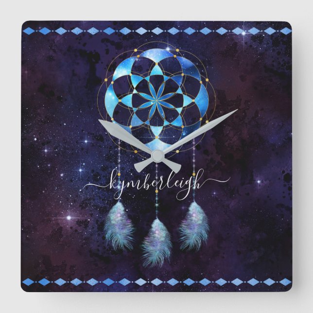 Horloge Carrée Boho Indigo Tribal Celestial Mandala Dreamcatcher (Recto)