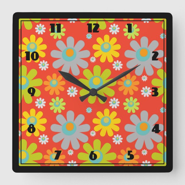 Horloge Carrée Boho Multicolor Daisées Sur Orange (Recto)