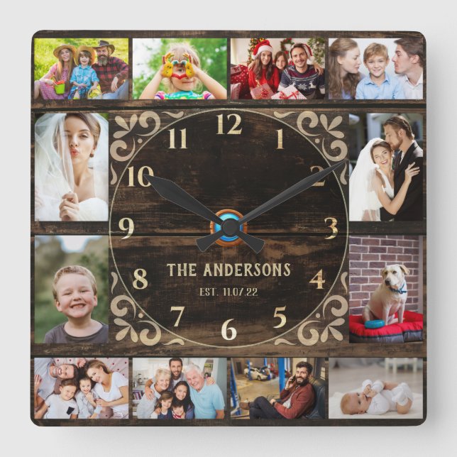 Horloge Carrée Bois 12 famille photo collage décoratif (Recto)