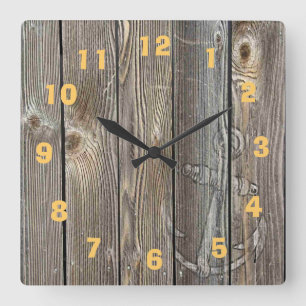 Horloge Carrée Bois ancien d'aspect authentique avec ancre