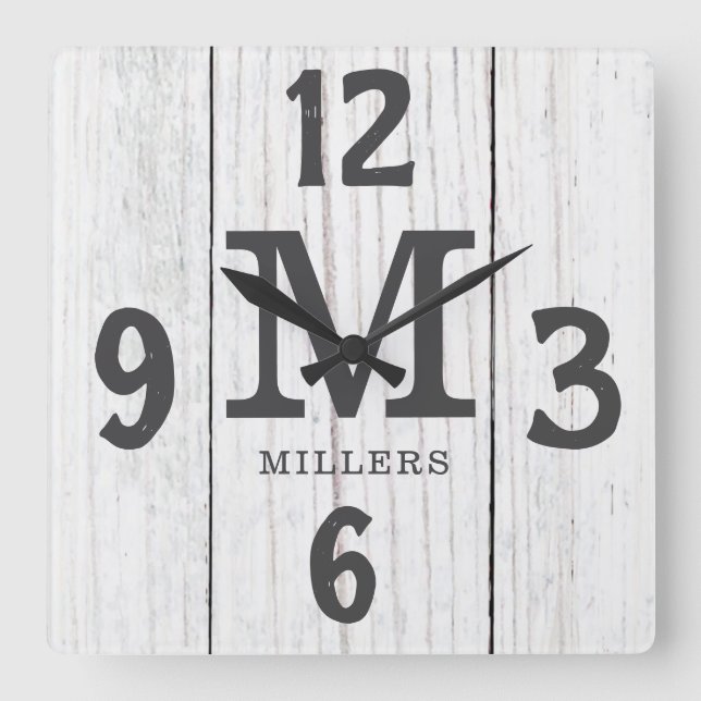 Horloge Carrée Bois clair rustique Nom de famille Monogram Ferme (Recto)