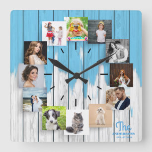 Horloge Carrée Bois de collage photo de famille