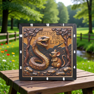 Horloge Carrée Bois de l'amitié du serpent et du rat