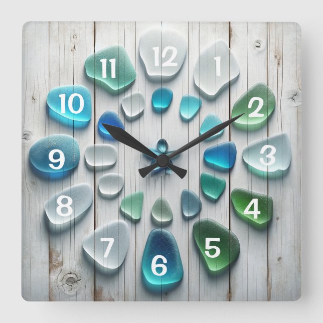 Horloge Carrée Bois d'eau et verre de mer (Recto)