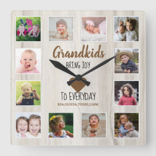 Horloge Carrée Bois naturel 12 Photo Collage Grandkids Citation