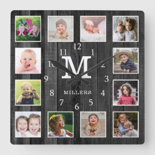 Horloge Carrée Bois Noir 12 Cadre Photo Famille Monogramme 