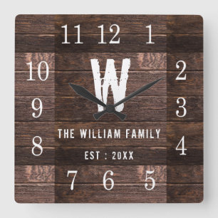 Horloge Carrée Bois personnalisé rustique Nom de famille monograp