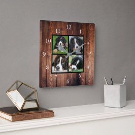 Horloge Carrée Bois rustique Famille collage photo personnalisé