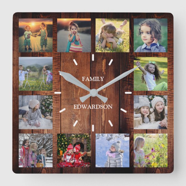 Horloge Carrée Bois rustique Famille photo collage nom monogramme (Recto)