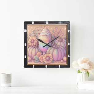Horloge Carrée Boisson Arc-en-ciel Citrouille Pastel
