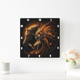 Horloge Carrée Bond majestueux de femme et de cheval dans l'art l