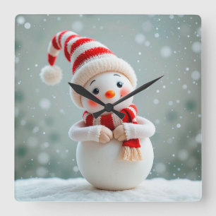 Horloge Carrée Bonhomme de neige joyeux avec chapeau de fêtes