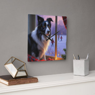 Horloge Carrée Border Collie avec lumières de Noël vacances