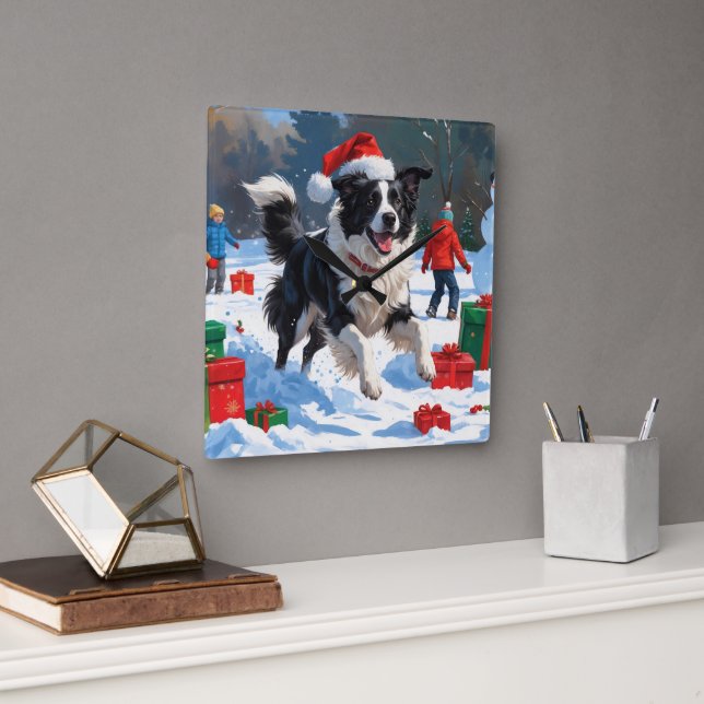 Horloge Carrée Bordure Collie Noël Festive Scène de neige (Bureau)