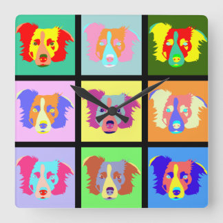 Horloge Carrée Bordure Collie Pop Art