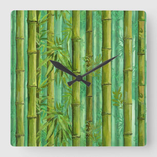 Horloge Carrée Bosquet de bambou jungle Verts chauds et frais