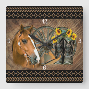Horloge Carrée Botte de cowboy du cheval occidental Casquette rou