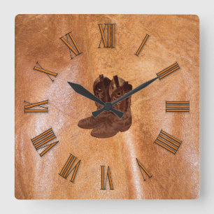Horloge Carrée Bottes bronzées par Faux de cuir et de cowboy de