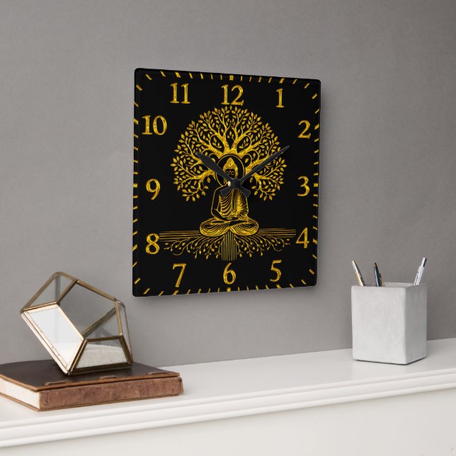 Horloge Carrée Bouddha aurifère entouré de Feuilles complexes (Bureau)