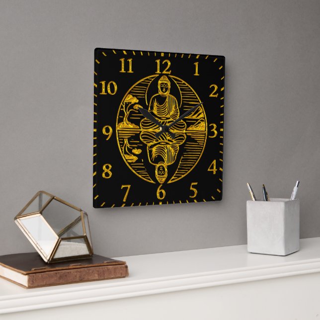 Horloge Carrée Bouddha d'or reflétant dans les eaux sereines (Bureau)
