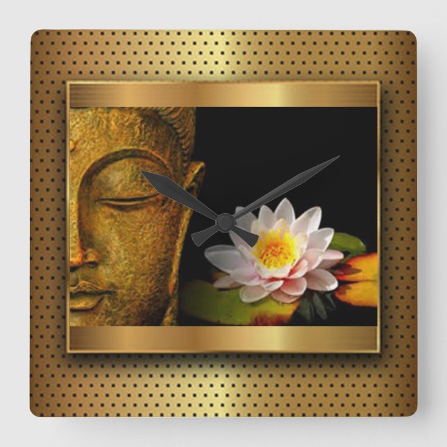 Horloge Carrée Bouddha Or Avec Fleur Lotus (Recto)