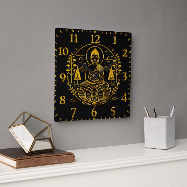 Horloge Carrée Bouddha symbolique entouré d'éléments naturels (Bureau)