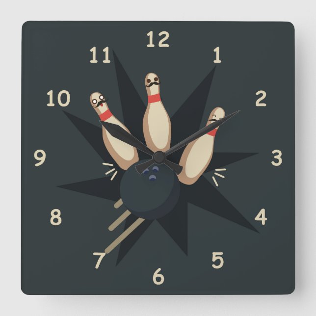 Horloge Carrée Boule de Bowling mignonne Gratte Écarts Pins (Recto)