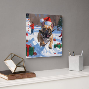 Horloge Carrée Bouledogue français courant dans la neige avec un 