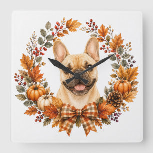 Horloge Carrée Bouledogue français Couronne d'automne