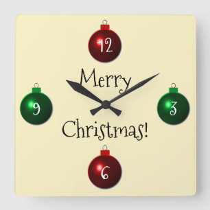 Horloge Carrée Boules de Noël rouges et vertes Joyeux Noël