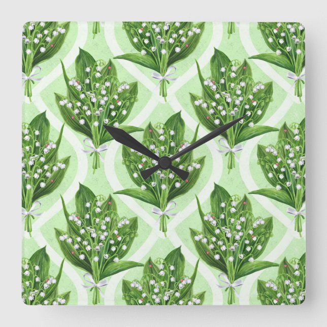 Horloge Carrée Bouquet de lys de la vallée fleurs sur vert (Recto)