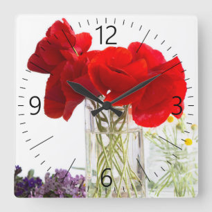 Horloge Carrée Bouquet de pavots rouges