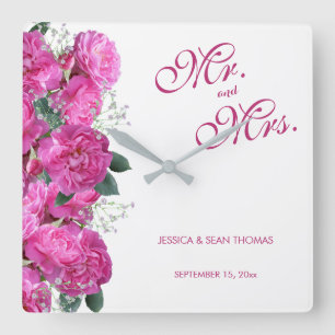Horloge Carrée Bouquet Floral Romantique de Mariage
