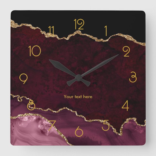 Horloge Carrée Bourgogne et Or Agate personnalisé (Recto)