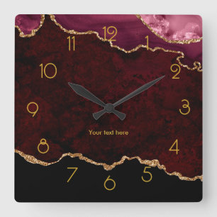 Horloge Carrée Bourgogne et Or Faux Agate Personnalisé