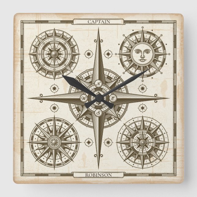 Horloge Carrée Boussole marine personnalisée (Recto)