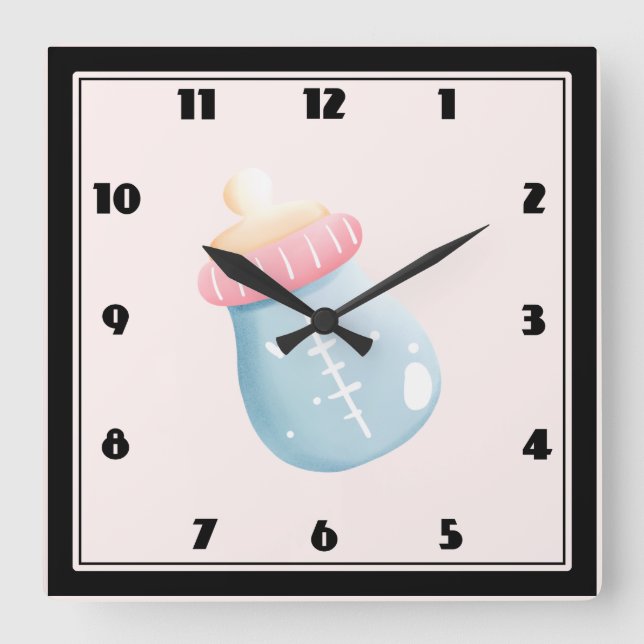 Horloge Carrée Bouteille Bleu & Rose Bébé mignonne  (Recto)