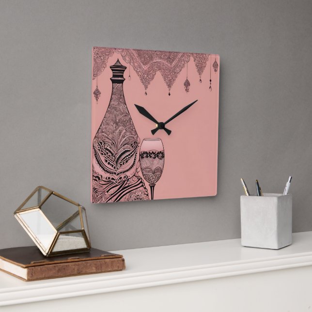 Horloge Carrée Bouteille et verre dentelle AI art (Bureau)