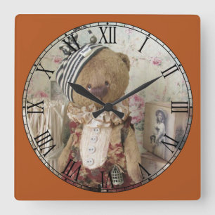 Horloge Carrée Bouton mignon vers le bas Ours chiffres romains