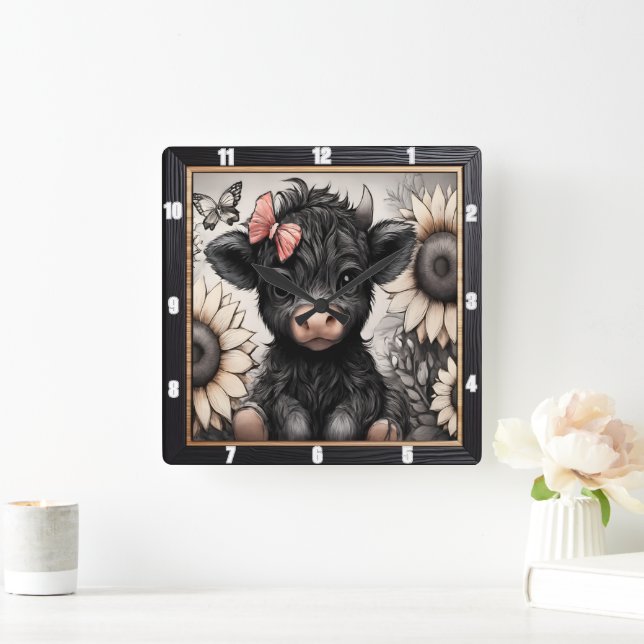 Horloge Carrée Bow de tournesol de Calf Highland (Maison)