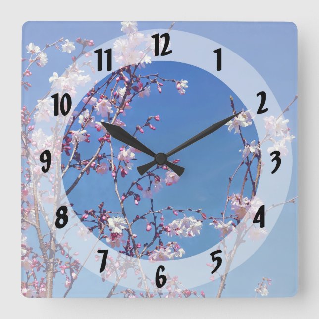 Horloge Carrée Branches de cerisier en fleurs (Recto)
