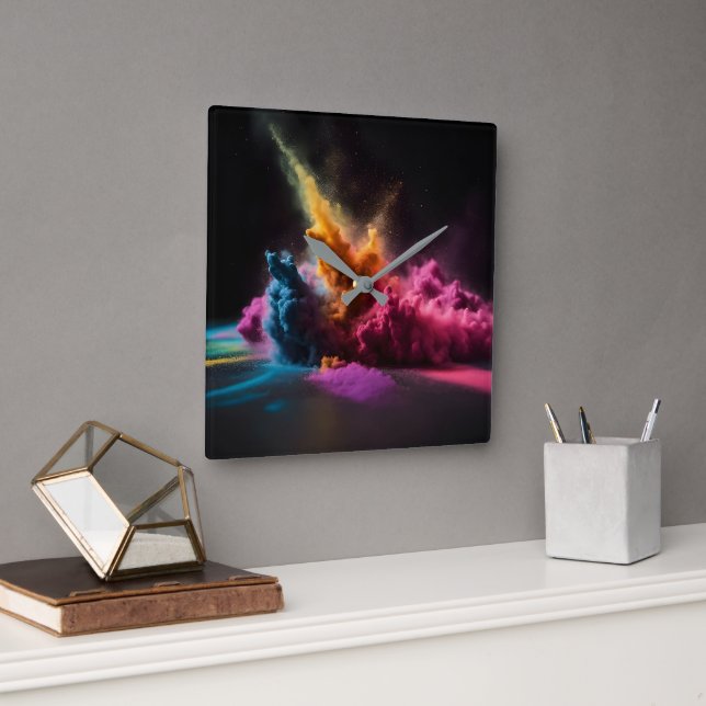 Horloge Carrée Bras en poudre arc-en-ciel sur noir (Bureau)