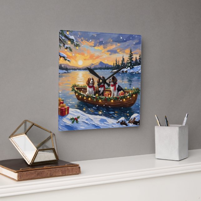 Horloge Carrée Brittany Spaniel Christmas Boat Holiday (Bureau)